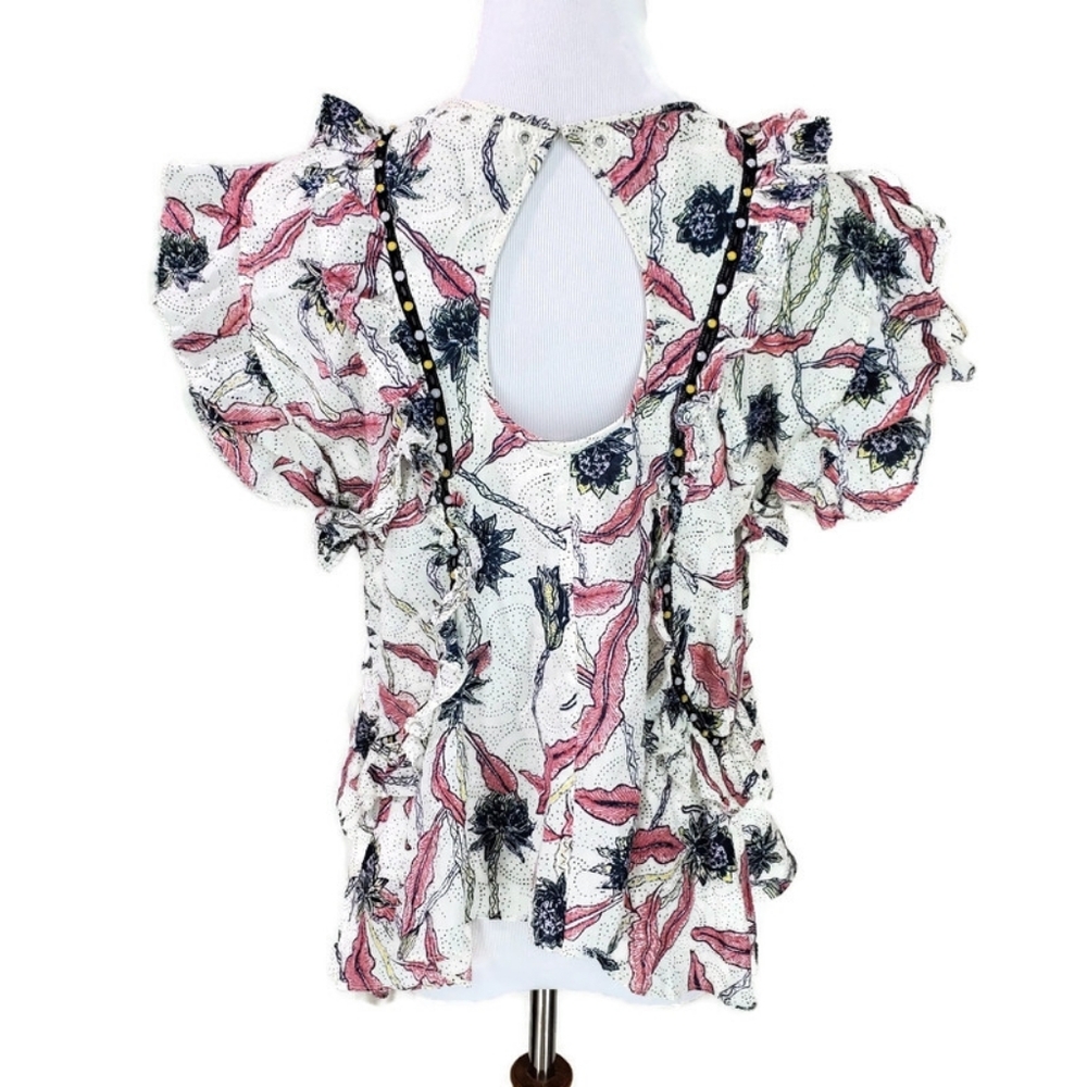 ISABEL MARANT 40 Unice Floral Print Ruffled Top Pink White Black Blouse Ecru - Picture 8 of 16